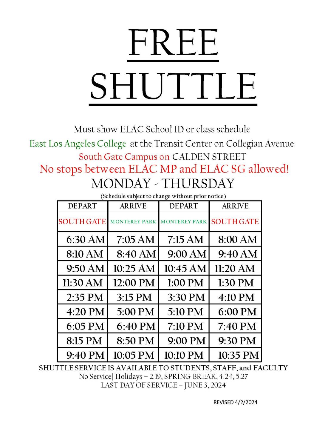 shuttle times between South Gate and Monterey Park 