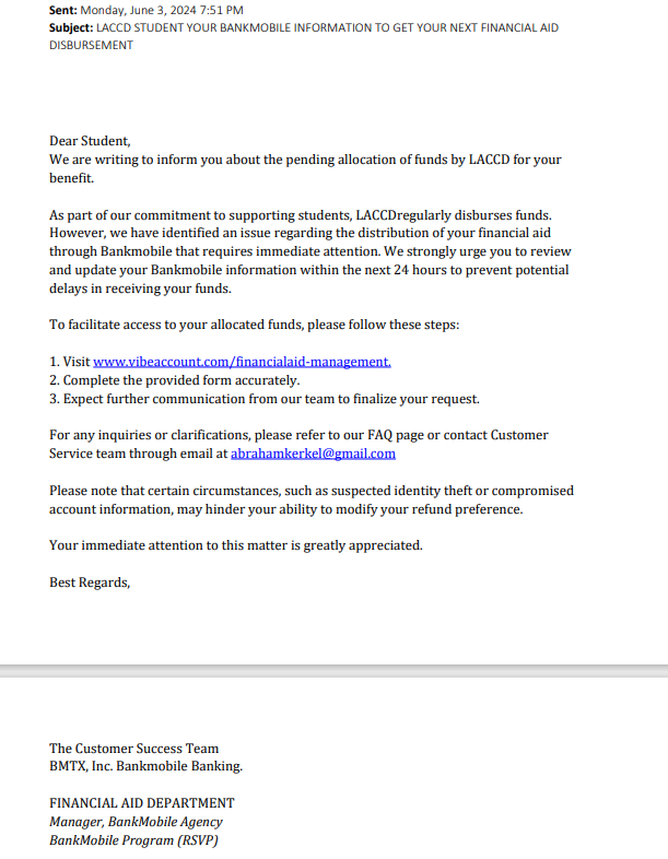 Phishing Scam Email sent to Student 6/3/24