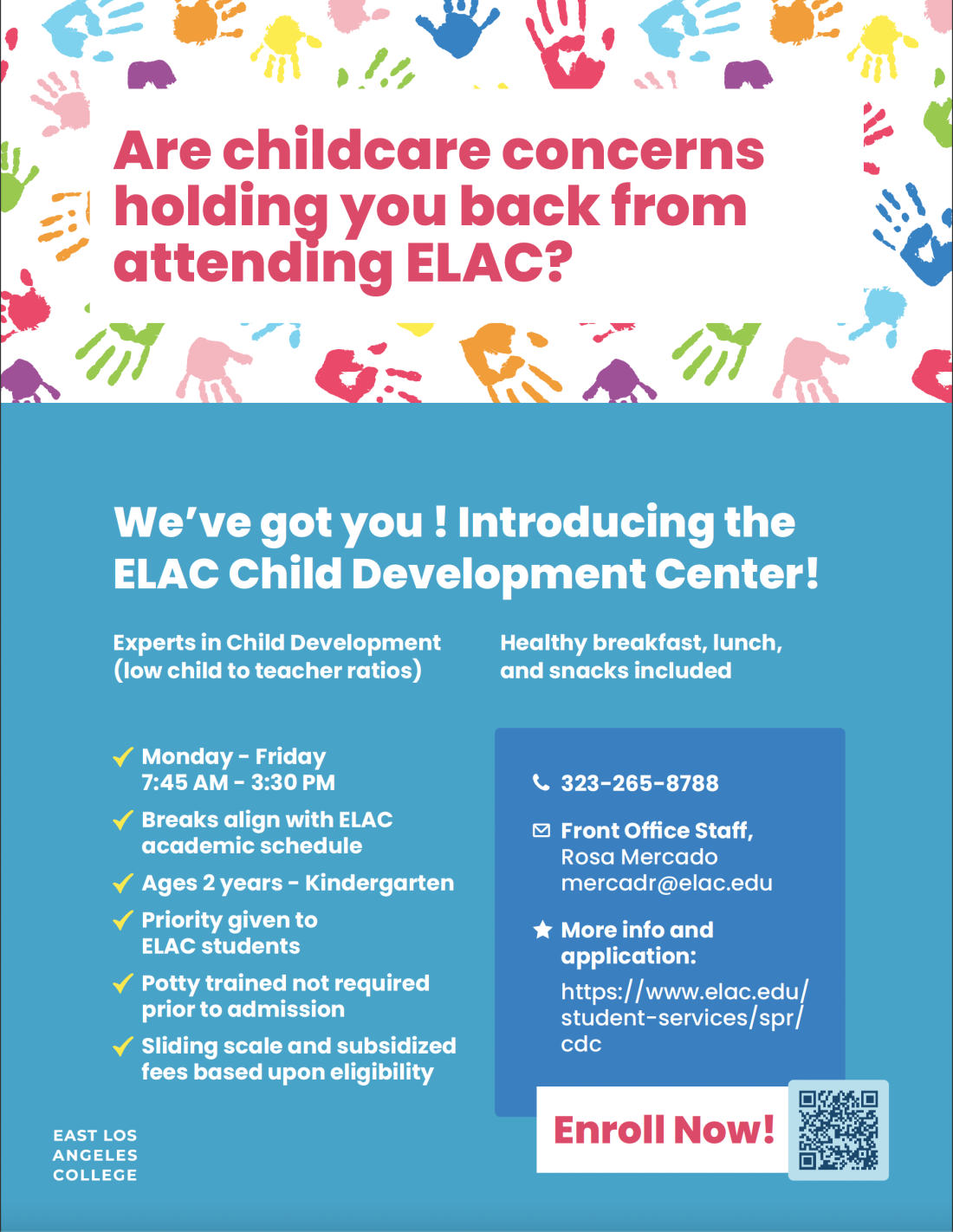 Flyer about childcare on site a the ELAC child development center