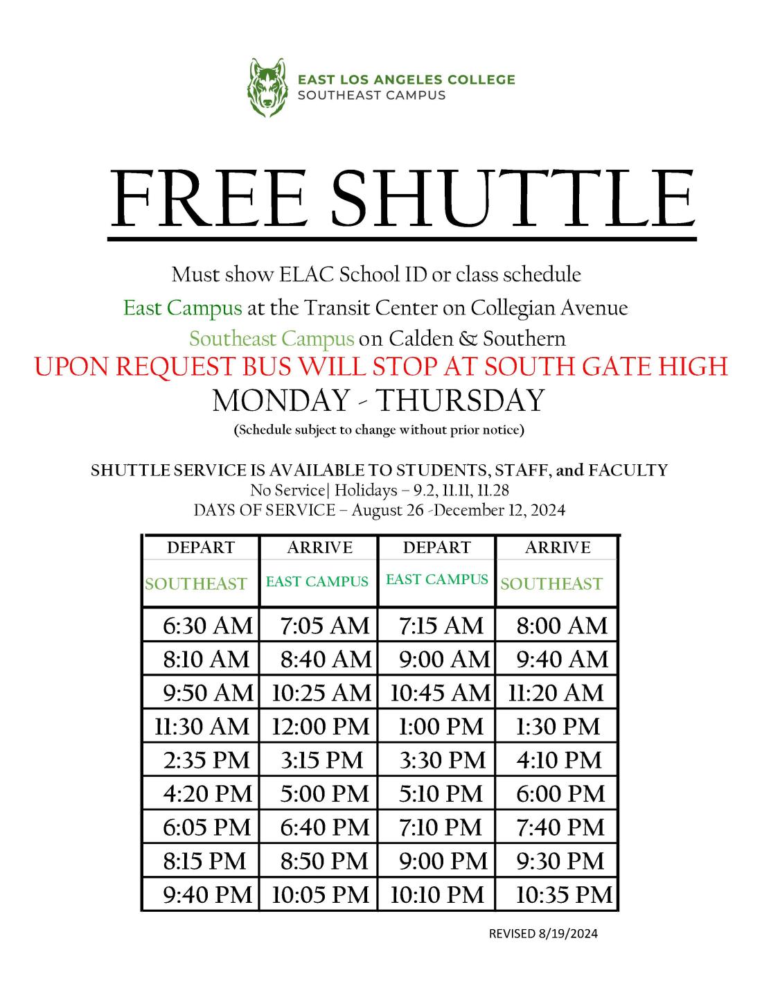 Free Shuttle Schedule 