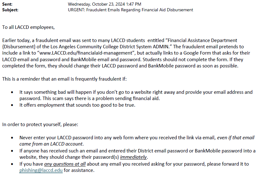 10.23.24 - Fraudulent E-mail sent to LACCD Students