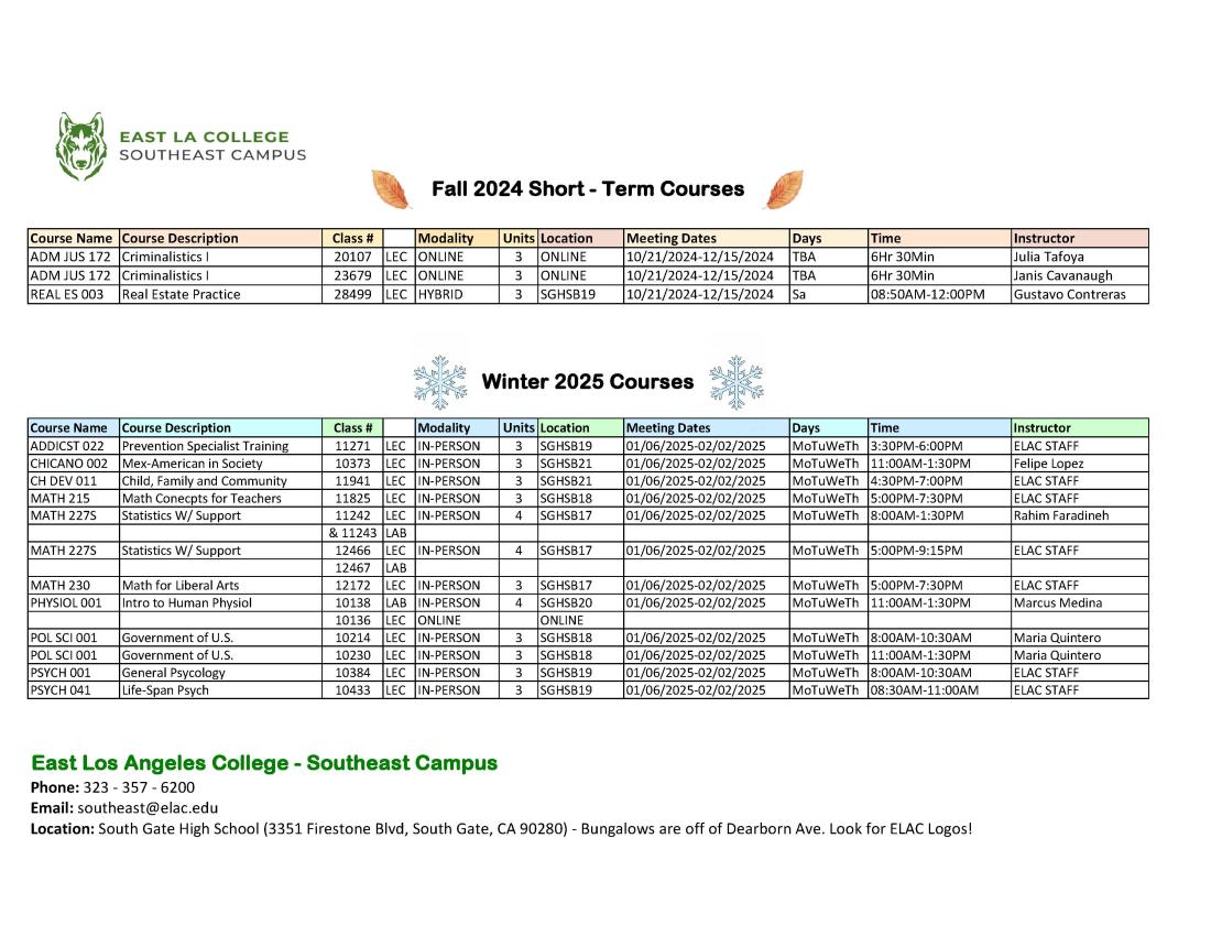 Fall Too and Winter 2025 Class Schedule for the Southeast Campus located at South Gate High School