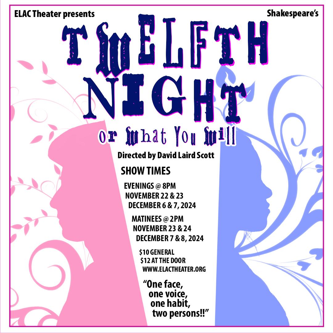 Twelfth Night or What You Will Theater Poster with two faces looking away from each other.