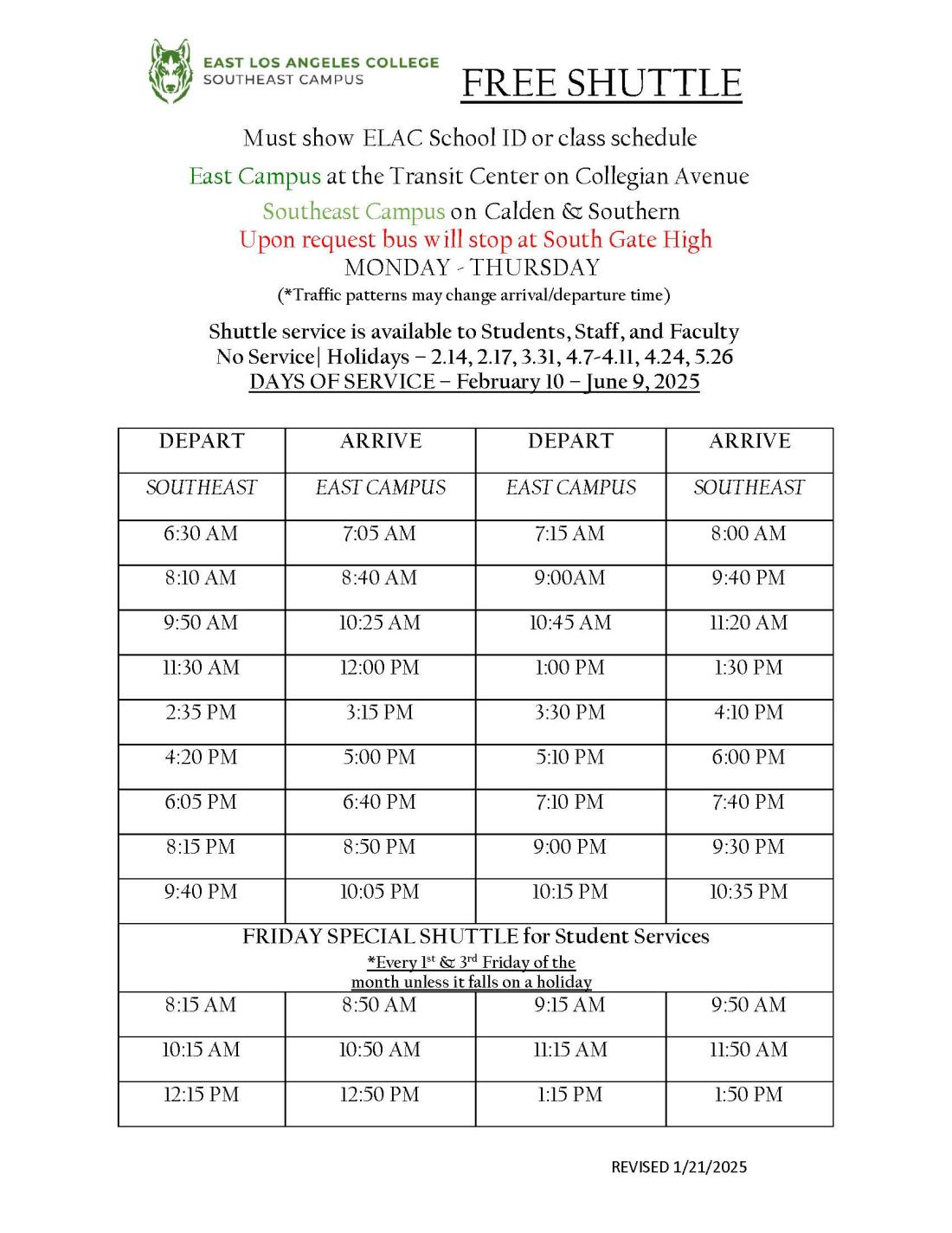 Southeast Shuttle Schedule