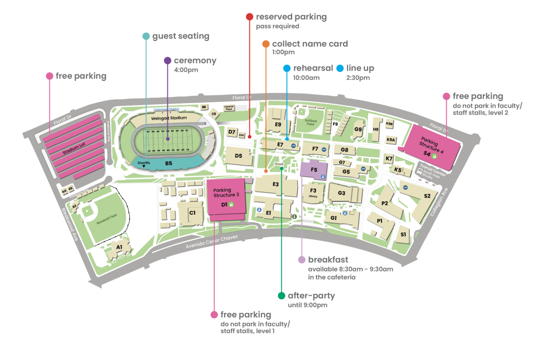 Map showing key points for graduation day.