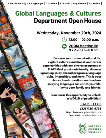 A flyer with photo strips on the left edge showcasing images from different cultures. On the right side there is text promoting the GLCD Open House via ZOOM on November 20th.